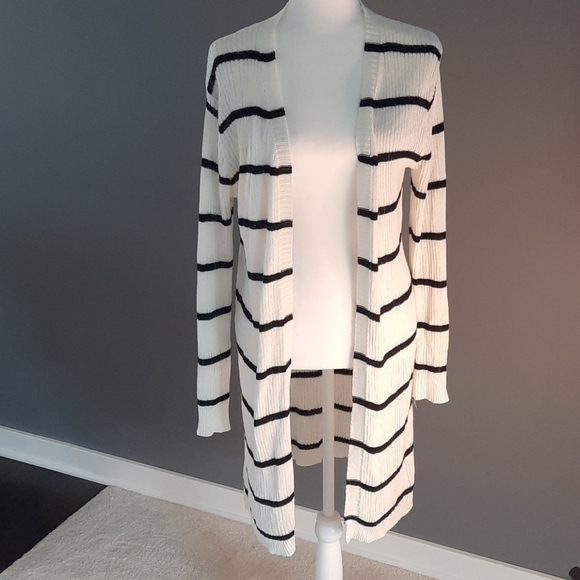 Long cream and black striped duster